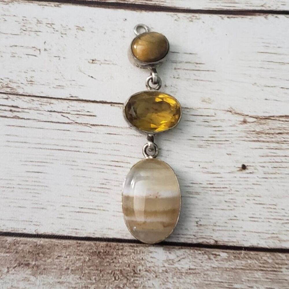 Vintage Pendant Stone Trio Dangle - Tarnished - No Chain Included
